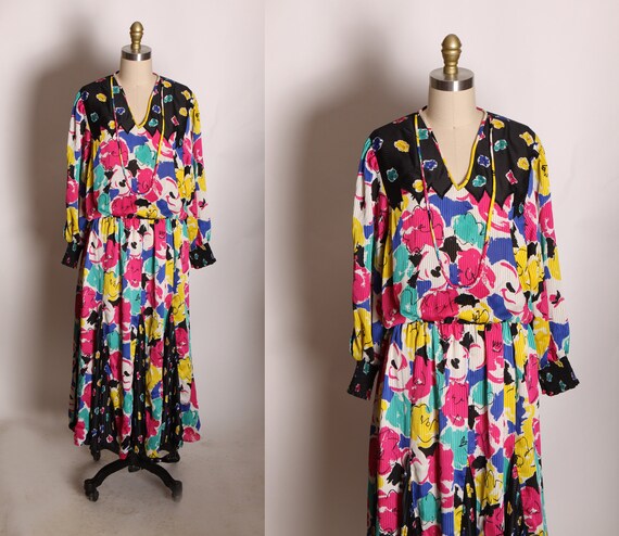 1980s Two Piece Black, Pink and Yellow Abstract Floral Print Blouse with Matching Skirt Outfit by Indigo Lites