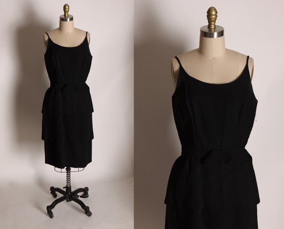 1950s Black Spaghetti Strap Sleeveless Tiered Black Cocktail Dress by Alfred Werber -S