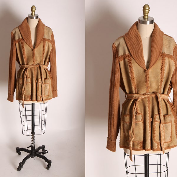 1970s Tan and Brown Long Sleeve Crochet and Suede Belted Jacket -L