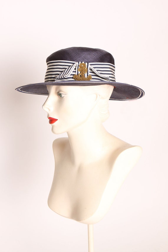 1940s 1950s Navy Blue and White Striped Gold Beade