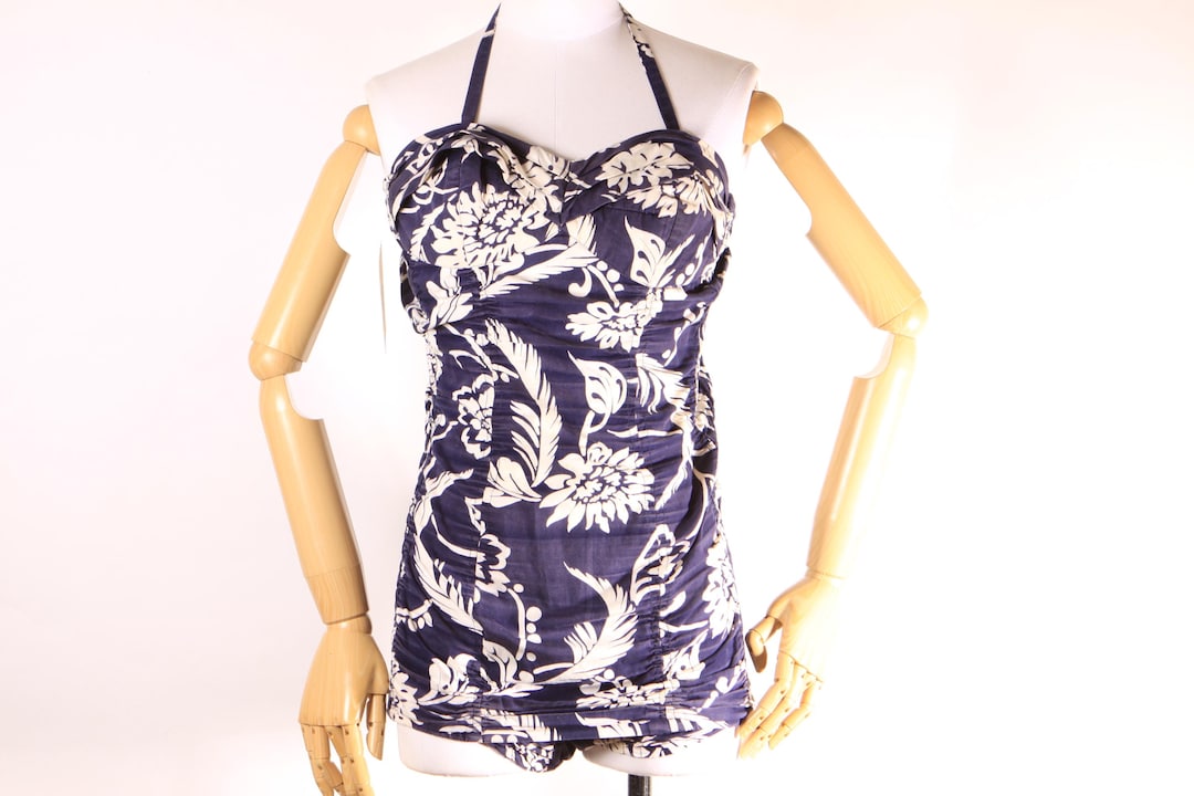 1950s Floral Hawaiian Swimsuit – Ruched Halter One Piece, Made in