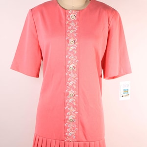 1960s Pink Short Sleeved Floral Trim Drop Waisted Pleated Skirt Plus Size Volup Scooter Dress -XL