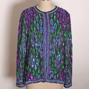 1980s Blue, Purple and Green Geometric Long Sleeve Beaded and Sequin Long Sleeve Cardigan Jacket Silk Jacket -M