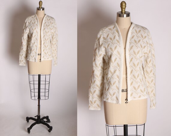 1950s White and Gold Acrylic Knit Long Sleeve Open Front Sweater by Kay Wright -M