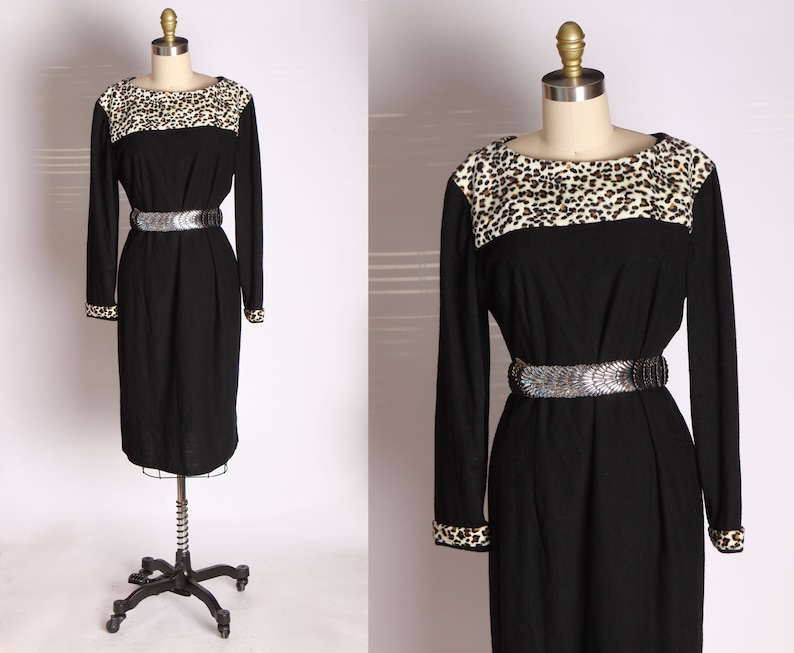 L 1970s 1980s Black and Leopard Print Long Sleeve Winter Dress