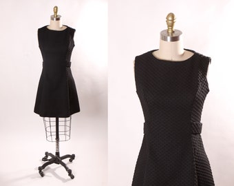 1960s Black Waffle Textured Polyester Sleeveless Back Buckle Mini Dress -XS