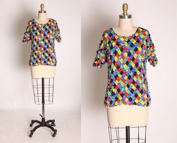 1990s Multi-Colored Checkerboard Short Sleeve Popc