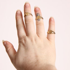 May include: A hand wearing three gold signet rings with different designs. The rings are worn on the index, middle, and ring fingers.