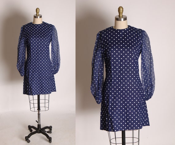 1960s Blue and White Polka Dot Sheer Long Sleeve … - image 1