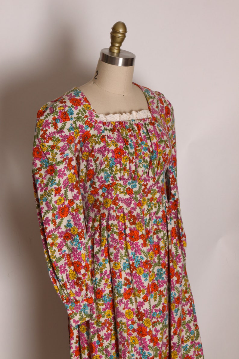 1970s Pink, Red and Blue Floral Flower Power 3/4 Length Sleeve Prairie Cottagecore Dress M image 6