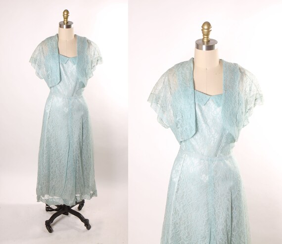 Late 1940s Early 1950s Blue Sheer Lace Wide Strap Flared Skirt Dress with Matching Open Front Cropped Lace Jacket -M