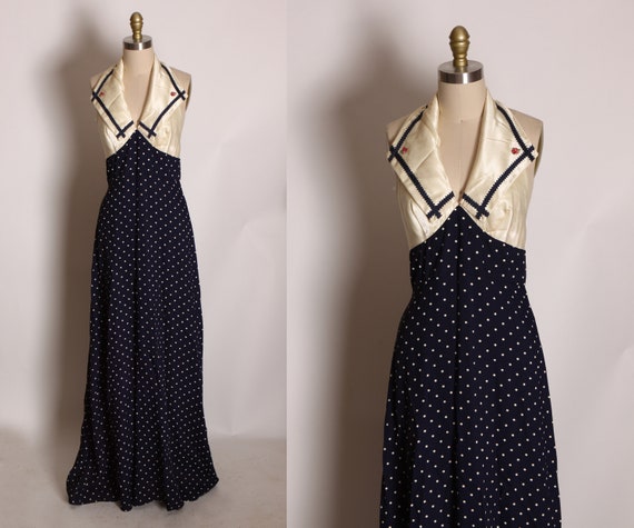 1970s Navy Blue and Cream Polka Dot Halter Open Back Full Length Formal Prom Dress -XS