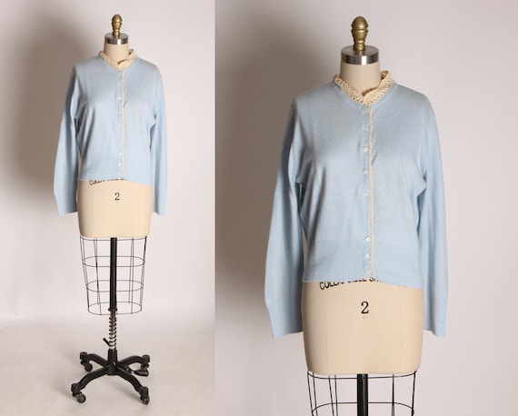 1950s Light Blue Long Sleeve Cream Lace Collar Sweater Cardigan -L