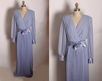 1970s Periwinkle Purple Blue Chiffon Accordion Pleated Sheer Long Sleeve Full Length Formal Dress by Miss Elliette -L