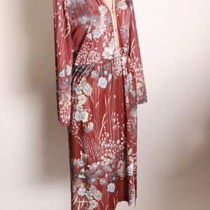 1970s Burgundy, Cream and Blue Fall Foliage Floral Flower Print Long Sleeve Dress L image 6