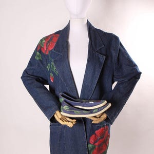 Completo blazer e scarpe in denim anni '80 - Motivo floreale dipinto a mano, taglia M