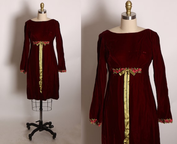 1960s Burgundy Deep Red Velvet Long Sleeve Floral Trim Cuff Empire Waist Bow Detail Mini Dress -S