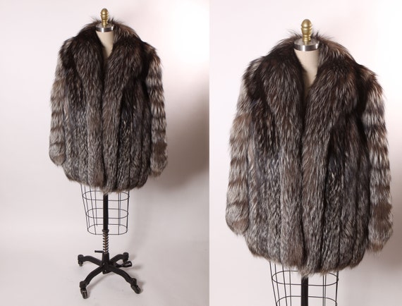 Late 1970s Early 1980s Black, White and Silver Long Sleeve Plush Fox Fur Coat by Saga Fox -M