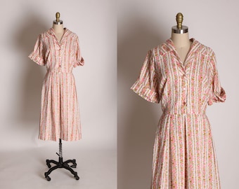 1950s Pink and White Floral Flower Print Striped Button Up Dress -1XL