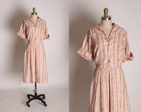 1950s Pink and White Floral Flower Print Striped Button Up Dress -1XL