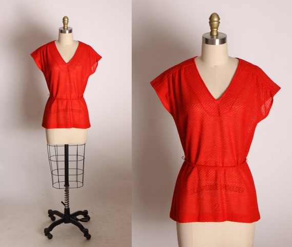 1970s See Through Red Knit Short Sleeve V Neck Tie Belted Waist Blouse by Legends of Dallas -L