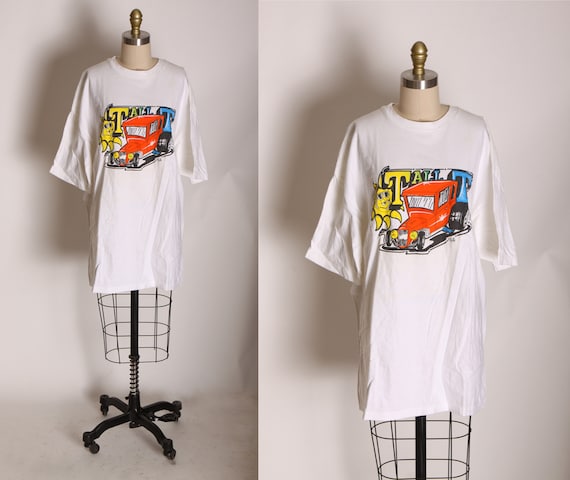 1990s White Single Stitch Model T Tall T Car Hot Rod T Shirt by Hanes Beefy T -XXL