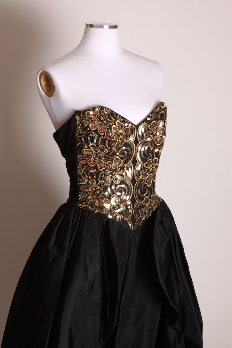 1980s Black and Gold Sequin Strapless Bodice One Piece Formal Cocktail Overskirt Dress Jumpsuit by Jessica McClintock for Gunne Sax XS image 8