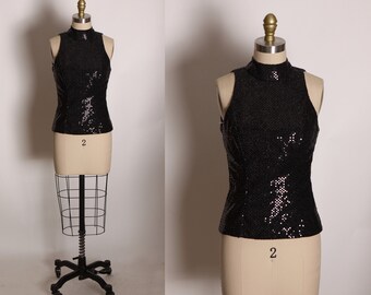 1980s Black Sequin Sleeveless Dance Costume Top Blouse Rivar’s -XS