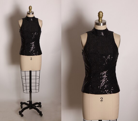 1980s Black Sequin Sleeveless Dance Costume Top Blouse Rivar’s -XS