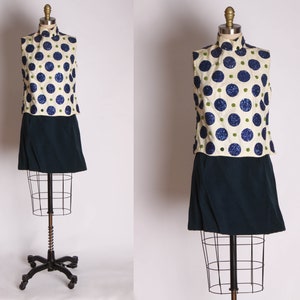 1960s White Blue and Green Oversized Polka Dot Sequin Blouse and Velvet Mini Skirt Suit Outfit XS image 1