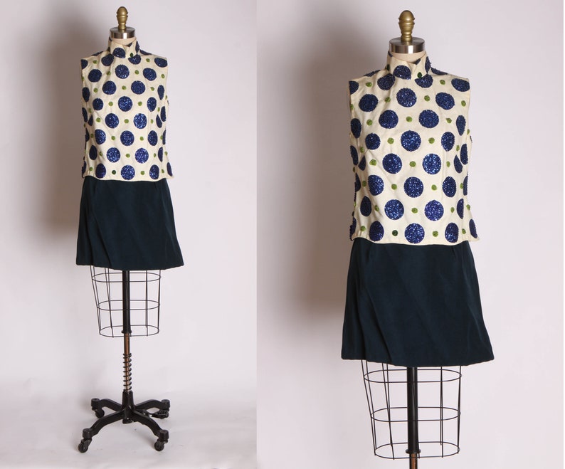 1960s White Blue and Green Oversized Polka Dot Sequin Blouse and Velvet Mini Skirt Suit Outfit XS image 1