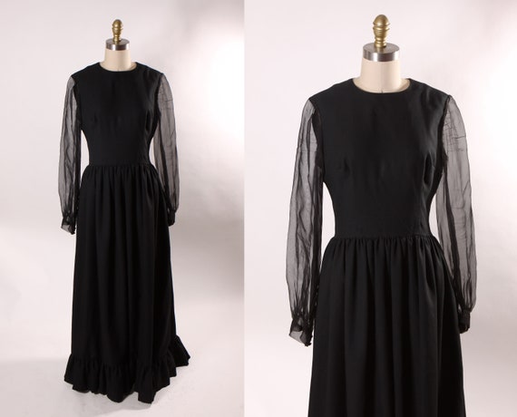 1960s Black Sheer Long Sleeve Full Length Ruffle Hem Gothic Prairie Cottagecore Dress -M