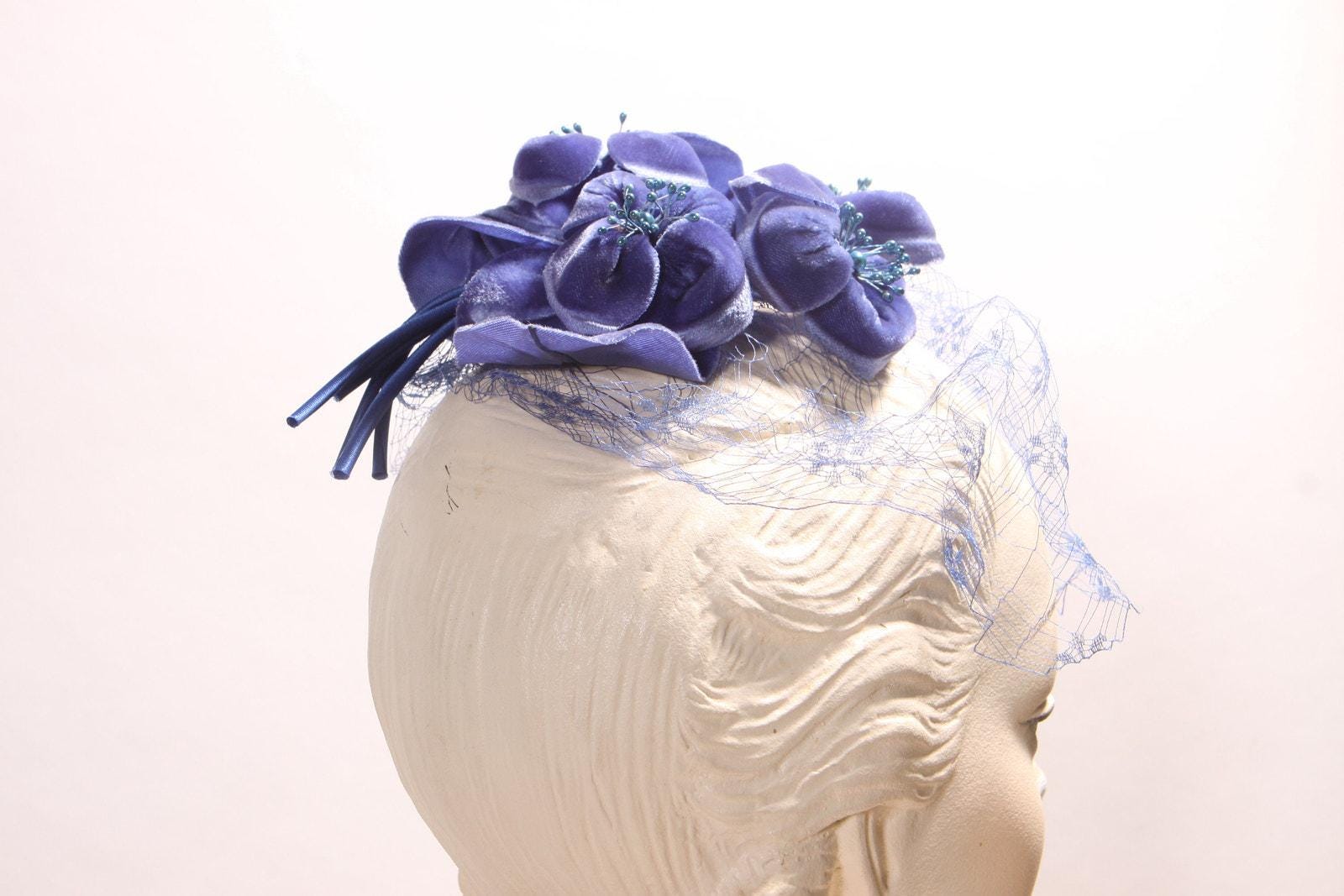 vintage style blue fascinator velvet flower 1950s style millinery hat with veil 1950s Blue Purple Velvet Floral Veil Fascinator Hat Hair  main image 4