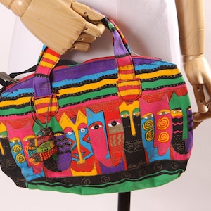 Cartera con asa superior, bandolera y correa para el hombro, con estampado de gato multicolor arcoíris, de Laurel Burch, de stock muerto, de los años 80