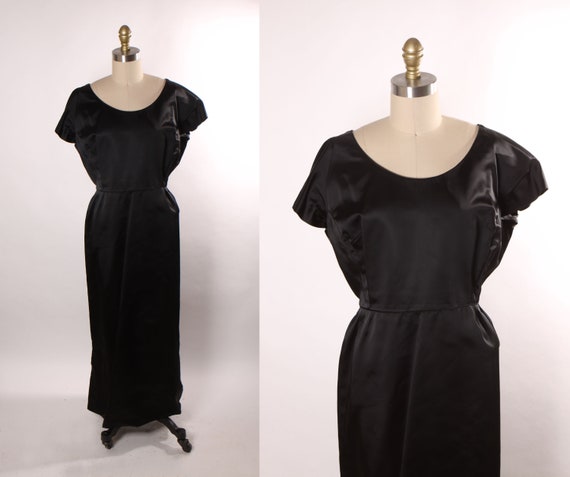 1960s Black Satin Short Sleeve Full Length Dress -XL