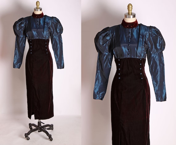 1980s Does Victorian Edwardian Style Blue Long Sle