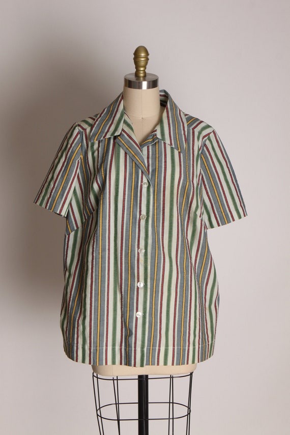 1950s Gray Green Red and Yellow Striped Short Sleeve Button Up Blouse -2XL