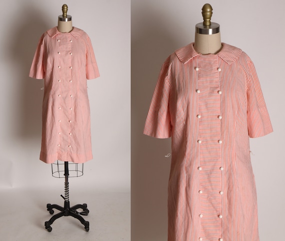 1960s Pink and White Striped Button Up Style Dress