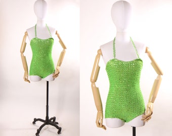 1960s Bright Green One Piece Stretchy Sequin Halter Neck Burlesque Showgirl Costume