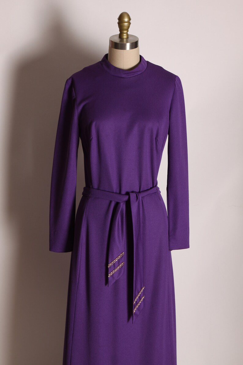 1970s Purple Long Sleeve Ruffle Hem Full Length Rhinestone Belted Dress by Edith Flagg M image 2