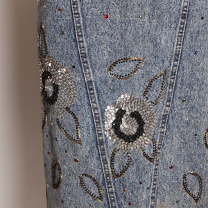 1980s Blue Denim Acid Wash Rainbow Bedazzled Silver and Black Floral Flowed Sequin Pencil Skirt by Pat & Janet L image 3