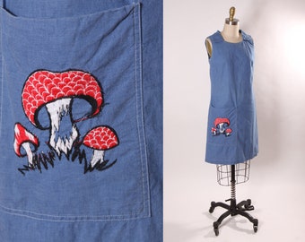 Late 1960s Early 1970s Denim Chambray Sleeveless Novelty Red Embroidered Mushroom Pocketed Dress by Loungecraft -S