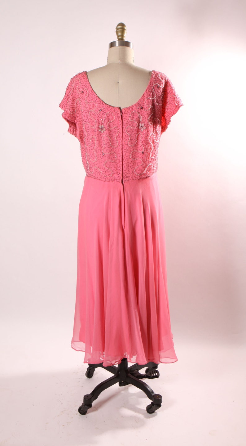 1960s Pink Short Sleeve Swirl Floral Beaded Chiffon Overlay Plus Size Volup Dress L image 9