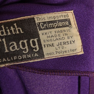 1970s Purple Long Sleeve Ruffle Hem Full Length Rhinestone Belted Dress by Edith Flagg M image 8