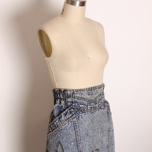 1980s Blue Denim Acid Wash Rainbow Bedazzled Silver and Black Floral Flowed Sequin Pencil Skirt by Pat & Janet L image 4