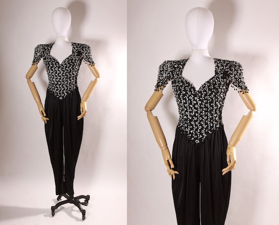 1970s Black and White Sequin Keyhole Cap Sleeve Beaded Fringe One Piece Jumpsuit by Susan Roselli for Vijack -S