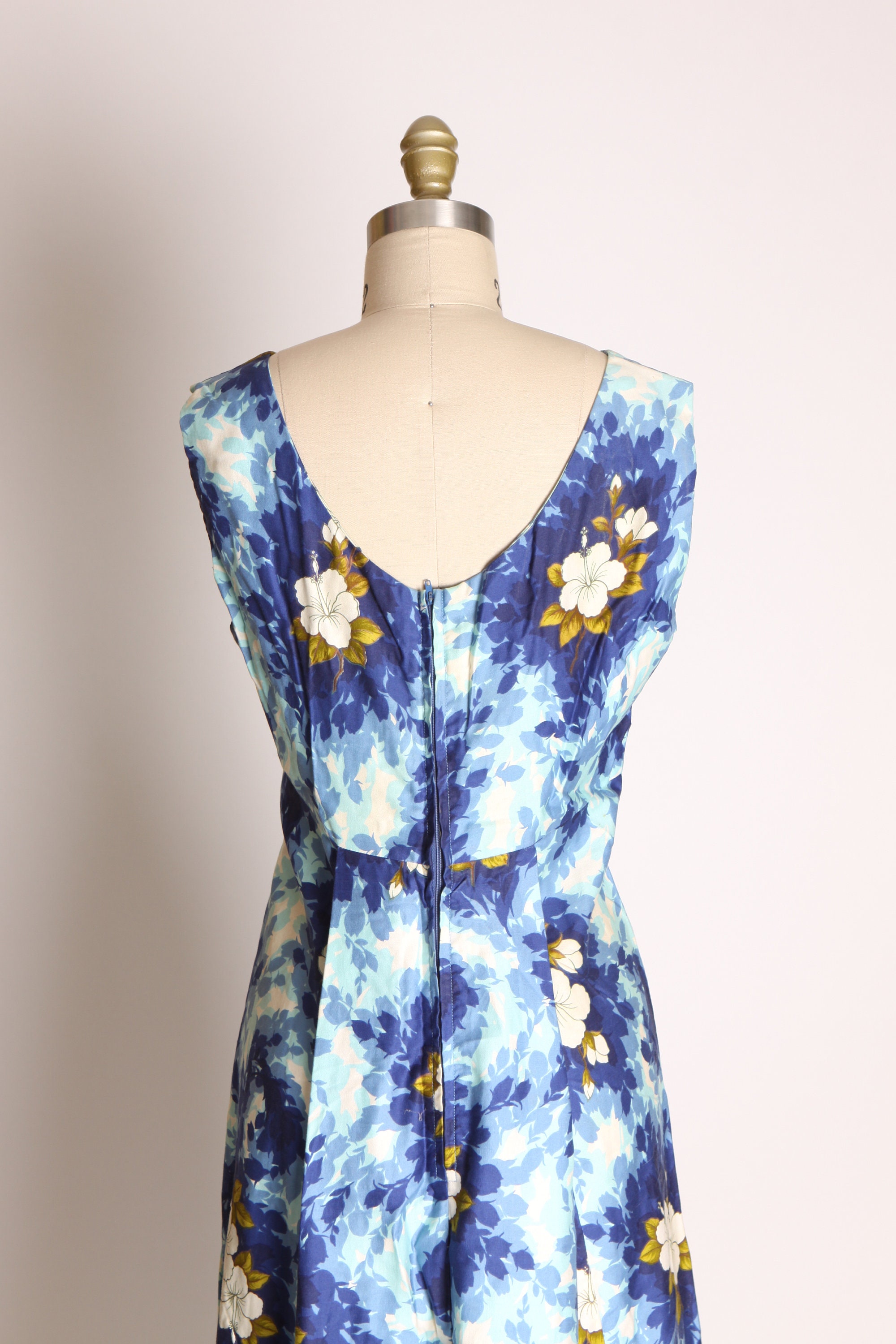 1960s Blue and White Floral Hawaiian Print Sleeveless Full Length Dress ...