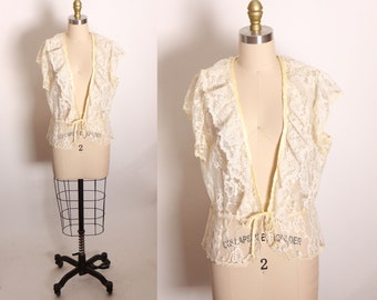 1970s Cream Lace Flutter Short Sleeve Sheer Lace Vest Blouse by Miss Joni -XL