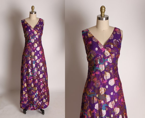 1960s Purple, Blue, Pink and Gold Lame Floral Prin