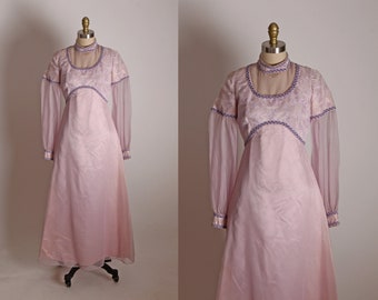 1970s Pink and Purple Sheer Long Sleeve Renaissance Style Trimmed Sheer Bodice Dress -XS